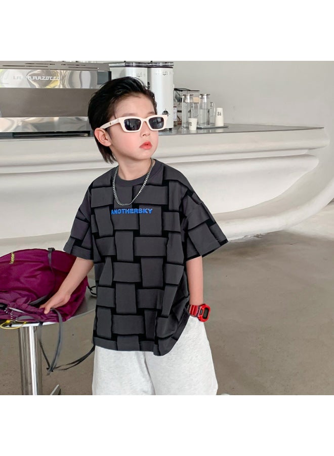 Trendy Brand Hip Hop Plaid Boys Summer Short-sleeved T-shirt  New Arrival Cuhk Children's Summer Half-sleeved Top