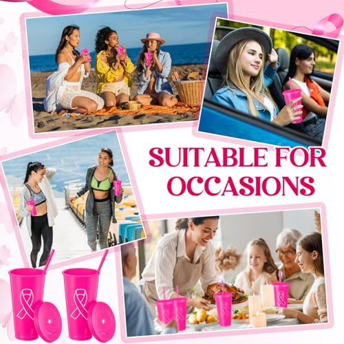 Jingmore 12 Sets Breast Cancer Awareness Gift Sets Including 12 Clear PVC Bags with Handles 12 Pink Tumblers with Lids and Straws 12 Raffia 12 Pink Ribbon Pins for Breast Cancer Party Women Girls - Image 4