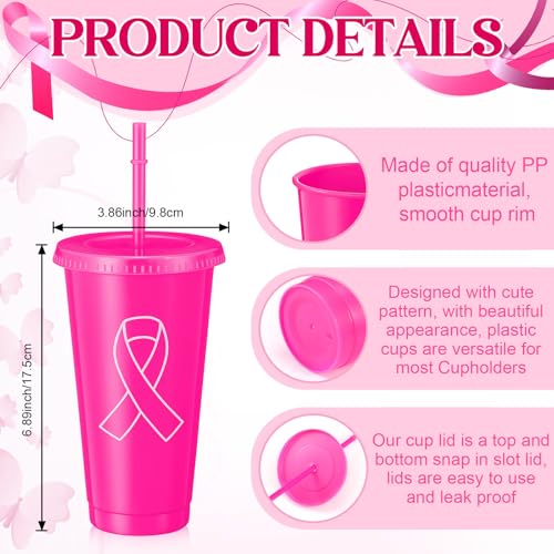 Jingmore 12 Sets Breast Cancer Awareness Gift Sets Including 12 Clear PVC Bags with Handles 12 Pink Tumblers with Lids and Straws 12 Raffia 12 Pink Ribbon Pins for Breast Cancer Party Women Girls - Image 2