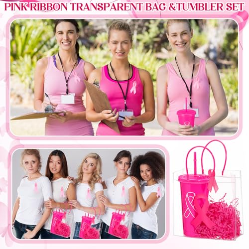Jingmore 12 Sets Breast Cancer Awareness Gift Sets Including 12 Clear PVC Bags with Handles 12 Pink Tumblers with Lids and Straws 12 Raffia 12 Pink Ribbon Pins for Breast Cancer Party Women Girls - Image 5
