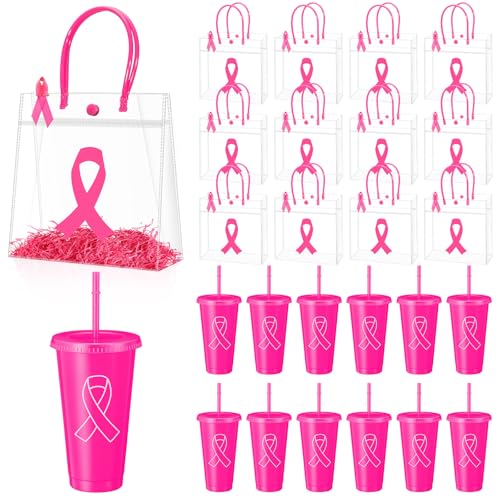 Jingmore 12 Sets Breast Cancer Awareness Gift Sets Including 12 Clear PVC Bags with Handles 12 Pink Tumblers with Lids and Straws 12 Raffia 12 Pink Ribbon Pins for Breast Cancer Party Women Girls - Image 1