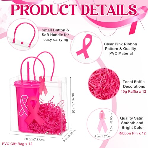 Jingmore 12 Sets Breast Cancer Awareness Gift Sets Including 12 Clear PVC Bags with Handles 12 Pink Tumblers with Lids and Straws 12 Raffia 12 Pink Ribbon Pins for Breast Cancer Party Women Girls - Image 3