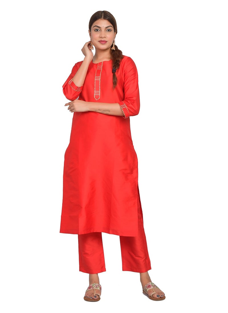 Riara - Women Red Kurti with Pant Set 3/4 Sleeves Kurta Pant Set Art Silk (Plain Taffeta) Size L - Image 1