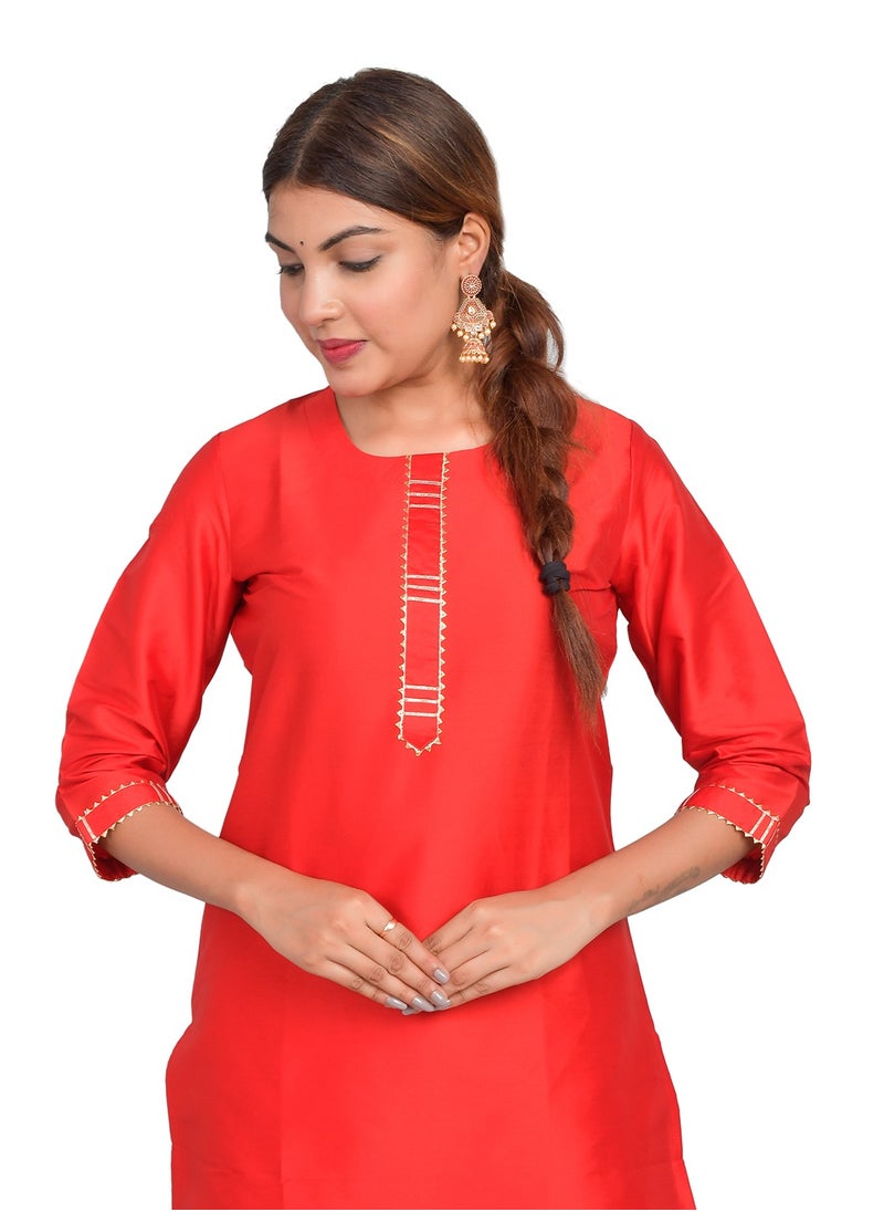 Riara - Women Red Kurti with Pant Set 3/4 Sleeves Kurta Pant Set Art Silk (Plain Taffeta) Size L - Image 1