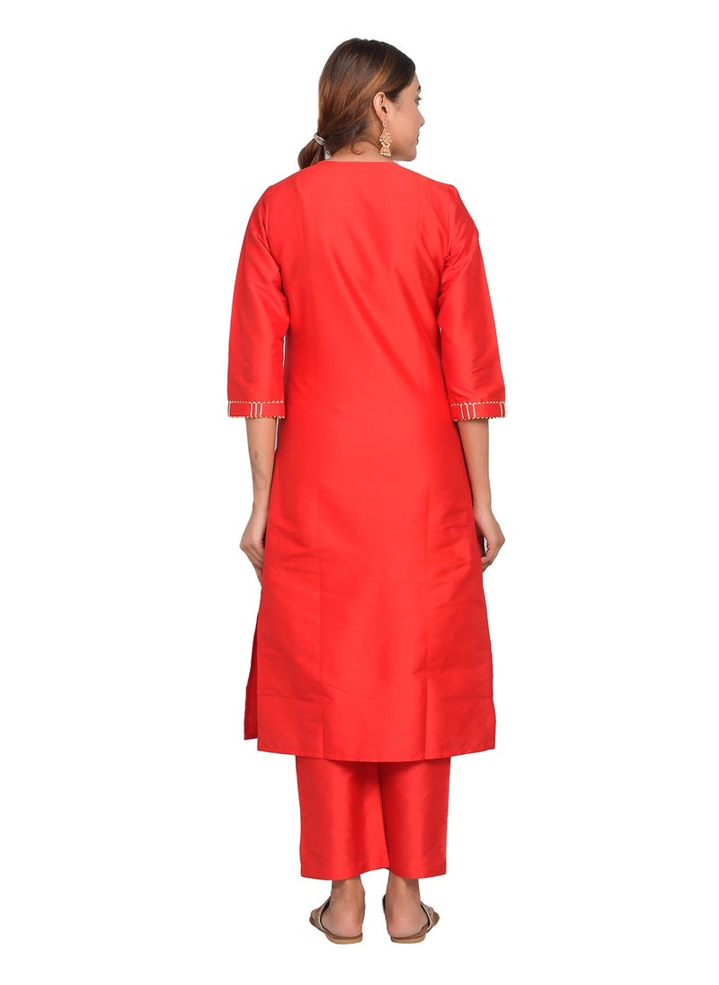 Riara - Women Red Kurti with Pant Set 3/4 Sleeves Kurta Pant Set Art Silk (Plain Taffeta) Size L - Image 1