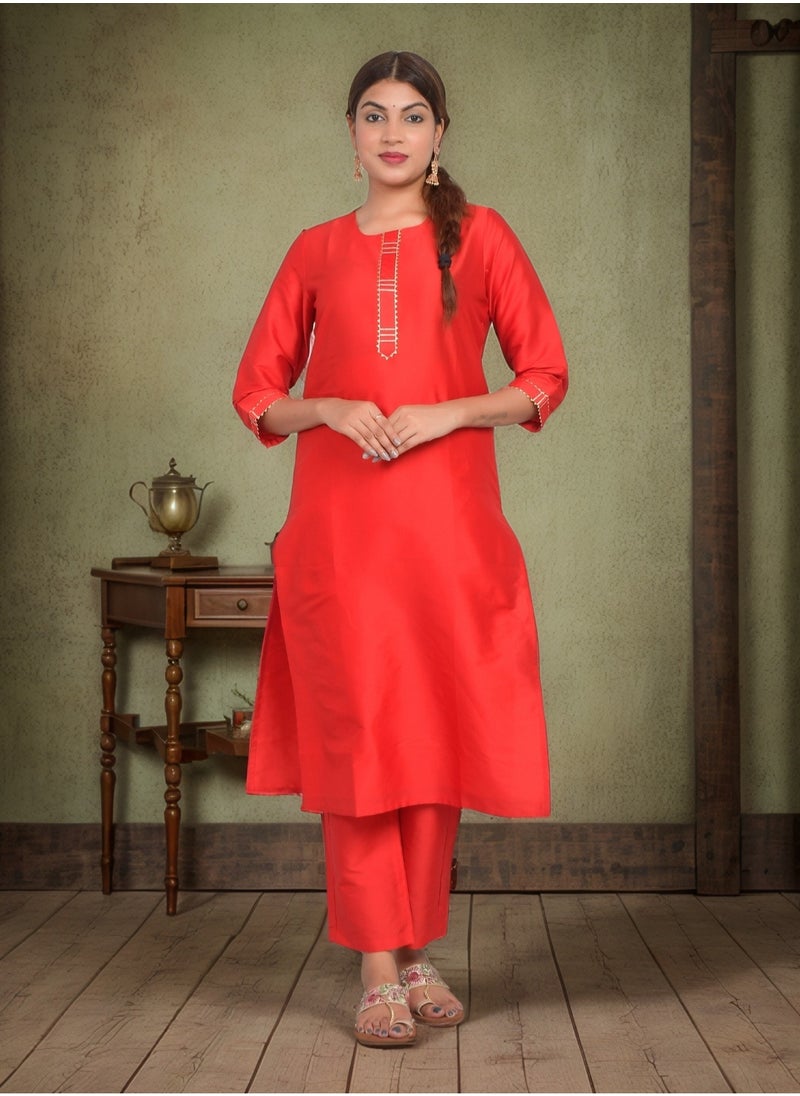 Riara - Women Red Kurti with Pant Set 3/4 Sleeves Kurta Pant Set Art Silk (Plain Taffeta) Size L - Image 1