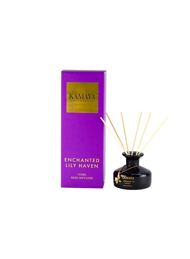 KAMAYA 150 ml Reed diffuser in black jar, with a handmade metal decorative pendant | Long lasting fragrance, Lily fragrance with two sets of reeds | in bright decorative gift box for occasions - Image 2