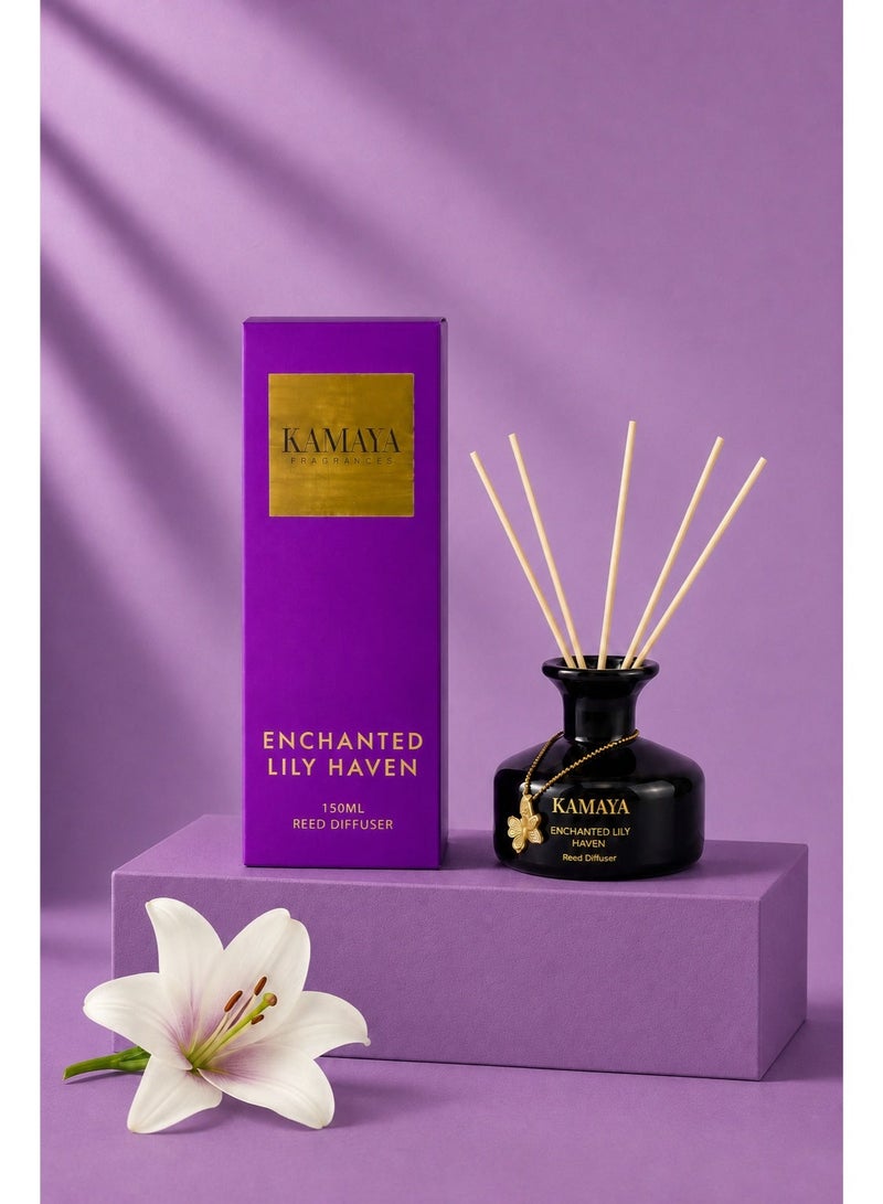 KAMAYA 150 ml Reed diffuser in black jar, with a handmade metal decorative pendant | Long lasting fragrance, Lily fragrance with two sets of reeds | in bright decorative gift box for occasions - Image 1
