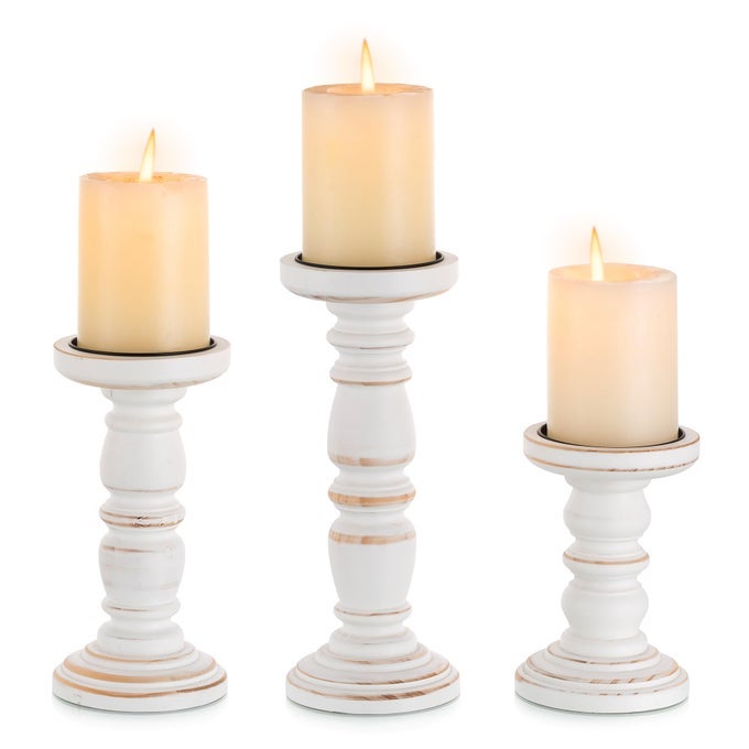 WOOD CANDLE HOLDERS FOR PILLAR CANDLES SET OF 3 WOODEN PILLAR CANDLE HOLDER WHITE RUSTIC CANDLES HOLDERS SOLID TALL CANDLEHOLDERS FOR WEDDING TABLE CENTREPIECES HOME DECOR FIREPLACE EVENT