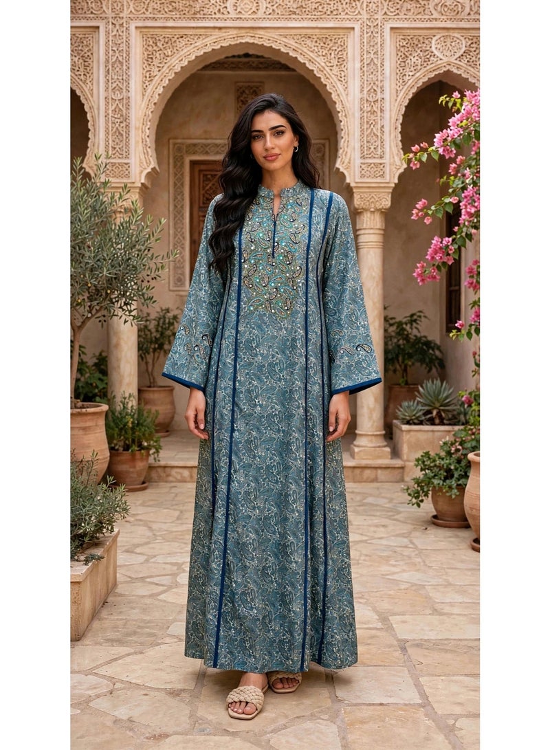 اكسا جلابية رونق الزهور IK216Blue - Image 1