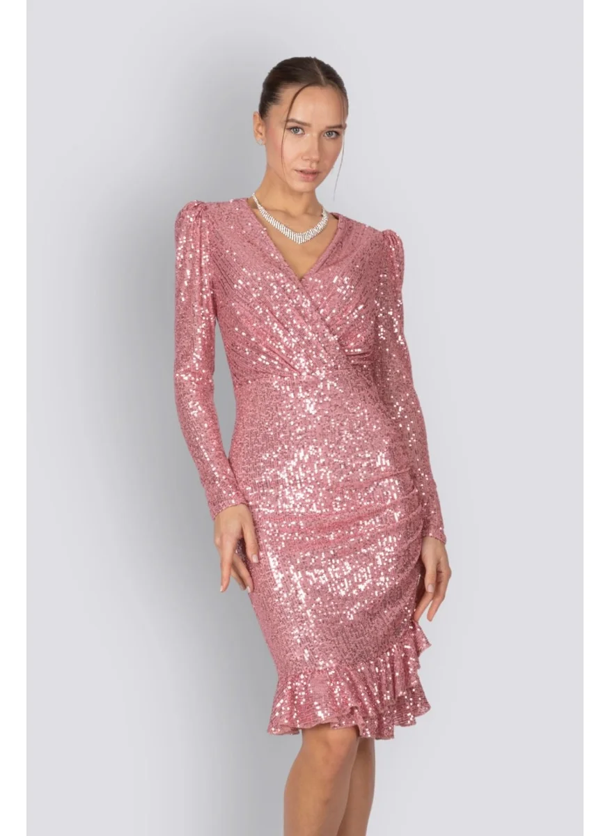 Hoxs Sequined Double Breasted Long Sleeve Mini Evening Dress Powder