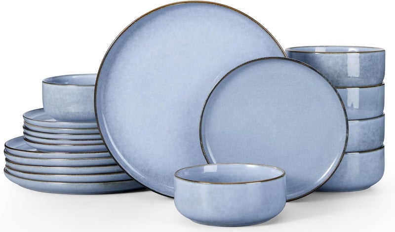 Herogo 18Piece Stoneware Dinnerware Set for 6 Stackable Dinner Plates and Bowls Sets Double Reactive Glaze Dishware Place Setting for Kitchen Scratch Resistant Microwave Safe Haze Blue - Image 1