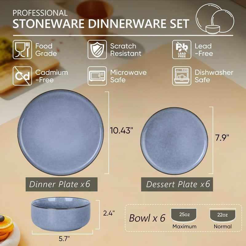 Herogo 18Piece Stoneware Dinnerware Set for 6 Stackable Dinner Plates and Bowls Sets Double Reactive Glaze Dishware Place Setting for Kitchen Scratch Resistant Microwave Safe Haze Blue - Image 2