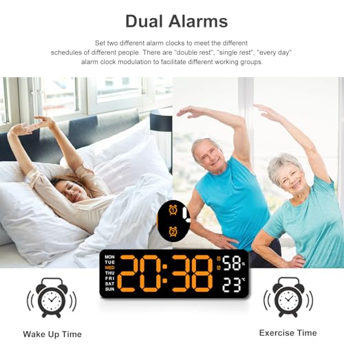 JoFomp Digital Wall Clock Large Display, 9" LED Wall Clocks for Living Room Decor, Digital Clock with Temperature/DST/Auto-Dimming/Humidity/Snooze - 12/24H, Silent Digital Clocks for Seniors Kids - Image 5
