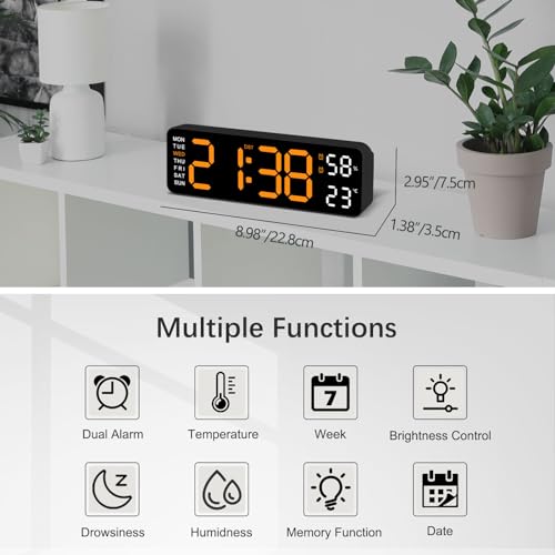 JoFomp Digital Wall Clock Large Display, 9" LED Wall Clocks for Living Room Decor, Digital Clock with Temperature/DST/Auto-Dimming/Humidity/Snooze - 12/24H, Silent Digital Clocks for Seniors Kids - Image 2
