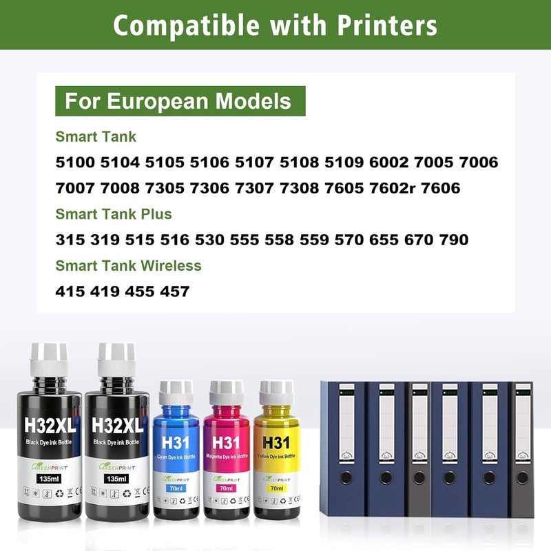 Greenprint 31 32XL Ink Multipack Compatible for H P Smart Tank 319 455 515 530 555 558 559 570 655 670 750 790 5105 5106 5107 7005 7006 7305 7306 7 605 415 419 Printers (5 Packs 2Z/C/M/G) - Image 2