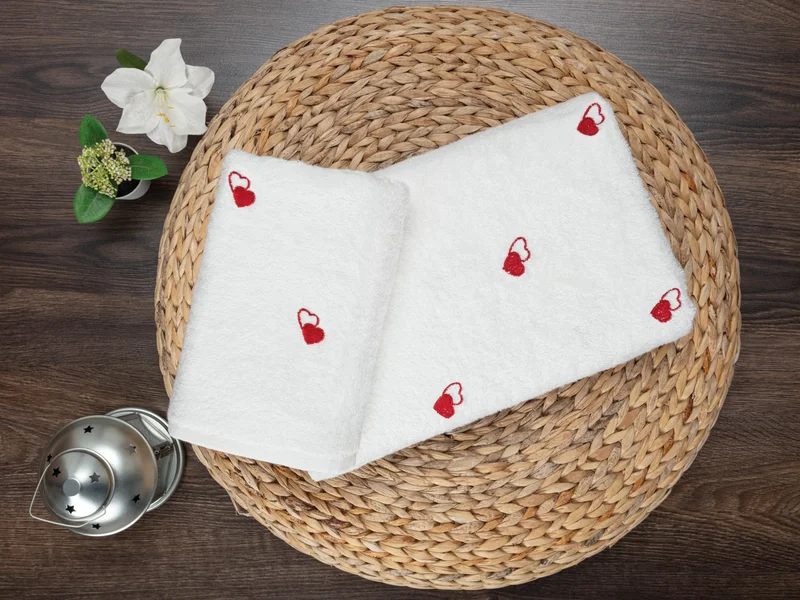 Sevim 2-Piece Heart Embroidered Bamboo Bath Towel Set - Soft & Stylish - 2-Piece Dowry Towel Set - Tivoli