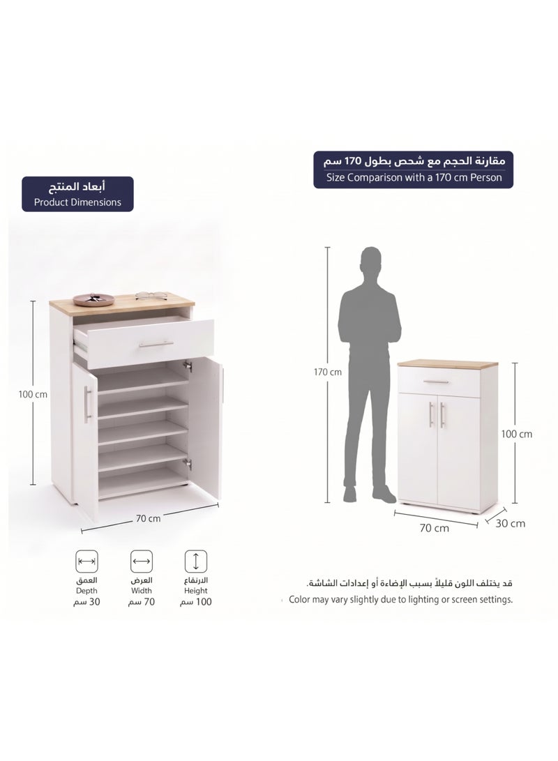 Furniture Store Modern shoe rack/shoe cabinet with a wide drawer and 5 shelves, MDF, in light wood color with white, high-quality finish, from Furniture Store. - Image 4