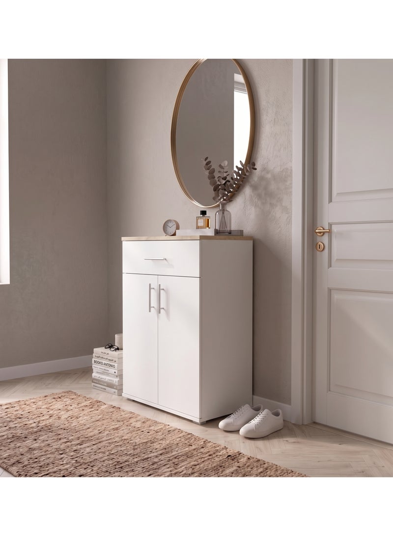 Furniture Store Modern shoe rack/shoe cabinet with a wide drawer and 5 shelves, MDF, in light wood color with white, high-quality finish, from Furniture Store. - Image 1