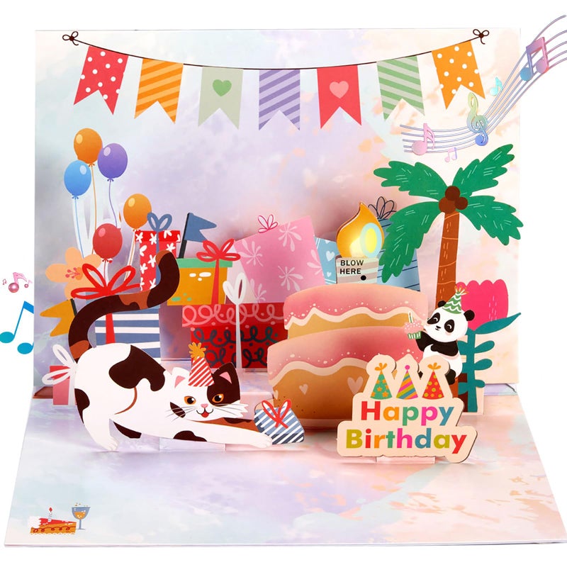 PENGDA Birthday Card Cute Cat Music and Lights Blowable Candle 3d Pop Up Funny Happy Birthday Gift Card for Women for Men for Kids Daughter with Envelope and Note Tag (Cat Birthday Card) - Image 1