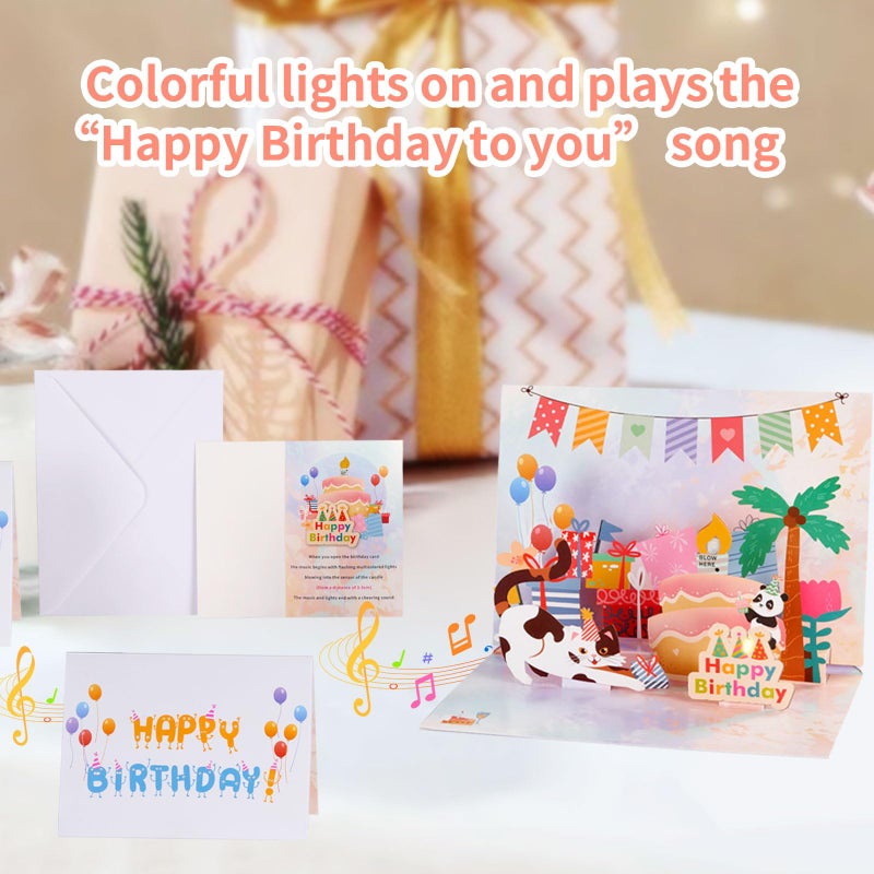 PENGDA Birthday Card Cute Cat Music and Lights Blowable Candle 3d Pop Up Funny Happy Birthday Gift Card for Women for Men for Kids Daughter with Envelope and Note Tag (Cat Birthday Card) - Image 2