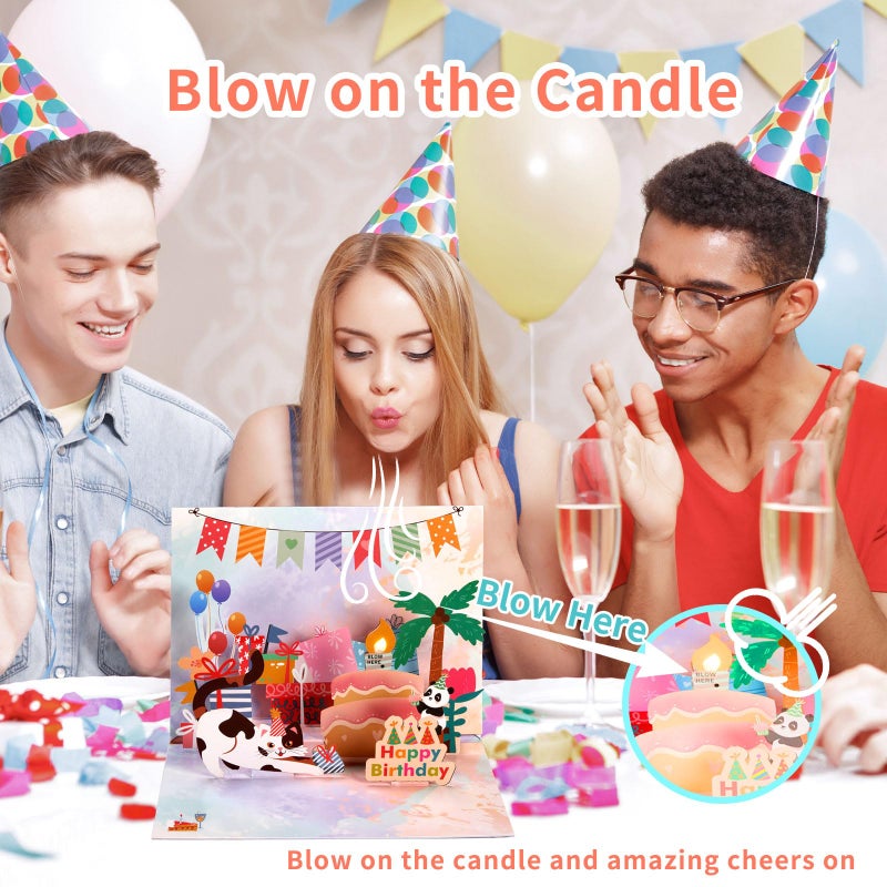 PENGDA Birthday Card Cute Cat Music and Lights Blowable Candle 3d Pop Up Funny Happy Birthday Gift Card for Women for Men for Kids Daughter with Envelope and Note Tag (Cat Birthday Card) - Image 3