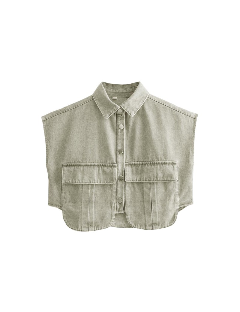 Perbai Womens Cropped Button Down Shirt Summer Collared Sleeveless Loose Denim Tops with Pockets(Green-L) - Image 1