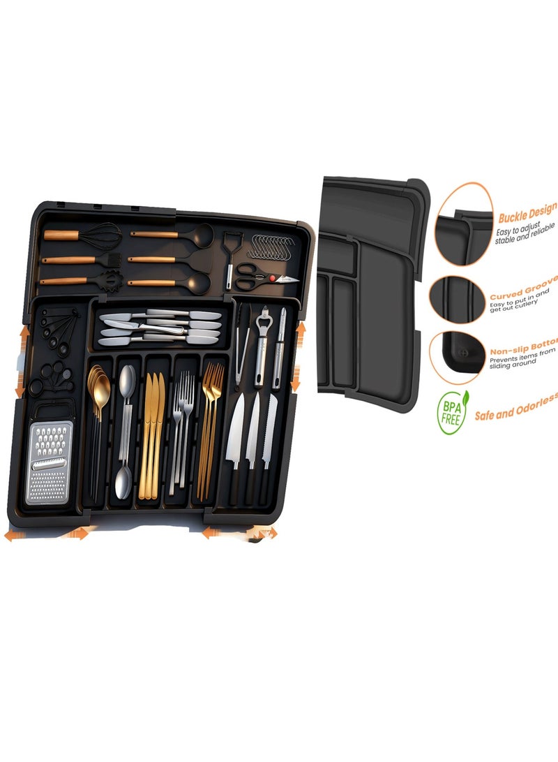 منظم أدوات المائدة، صينية درج قابلة للتوسيع والتعديل رباعية الاتجاهات مع أقسام تخزين للسكاكين والشوك والملاعق وأدوات المطبخ. - Image 1