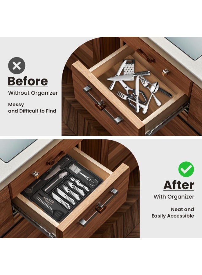منظم أدوات المائدة، صينية درج قابلة للتوسيع والتعديل رباعية الاتجاهات مع أقسام تخزين للسكاكين والشوك والملاعق وأدوات المطبخ. - Image 4