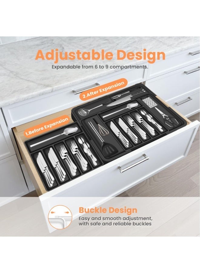 منظم أدوات المائدة، صينية درج قابلة للتوسيع والتعديل رباعية الاتجاهات مع أقسام تخزين للسكاكين والشوك والملاعق وأدوات المطبخ. - Image 3