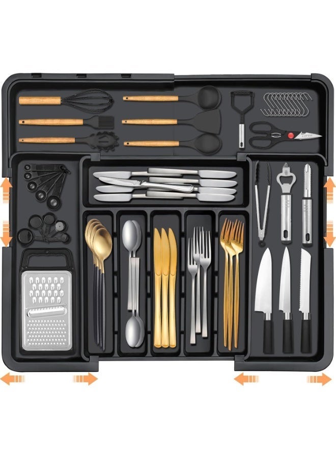 منظم أدوات المائدة، صينية درج قابلة للتوسيع والتعديل رباعية الاتجاهات مع أقسام تخزين للسكاكين والشوك والملاعق وأدوات المطبخ. - Image 2