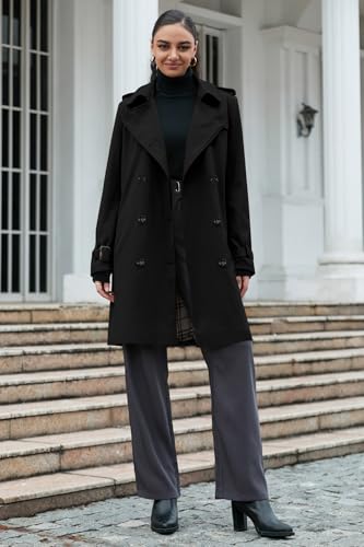 Betusline Women's Long Trench Coat Waterproof Double-Breasted Classic Windbreaker Lapel Dress Outerwear with Belt, Black, X-Small - Image 3