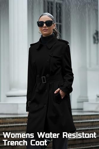 Betusline Women's Long Trench Coat Waterproof Double-Breasted Classic Windbreaker Lapel Dress Outerwear with Belt, Black, X-Small - Image 5