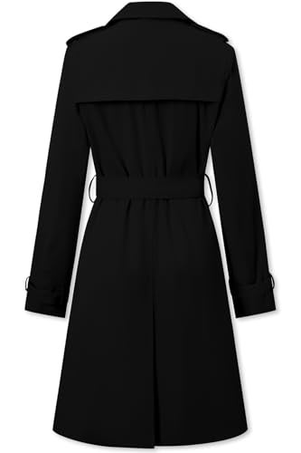 Betusline Women's Long Trench Coat Waterproof Double-Breasted Classic Windbreaker Lapel Dress Outerwear with Belt, Black, X-Small - Image 2