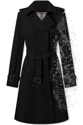 Betusline Women's Long Trench Coat Waterproof Double-Breasted Classic Windbreaker Lapel Dress Outerwear with Belt, Black, X-Small - Image 1