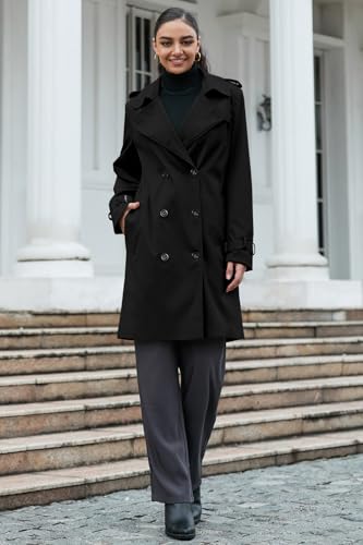 Betusline Women's Long Trench Coat Waterproof Double-Breasted Classic Windbreaker Lapel Dress Outerwear with Belt, Black, X-Small - Image 4