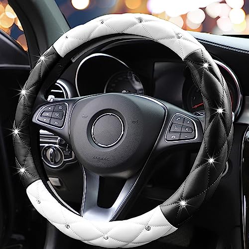 YOGURTCK Cute Diamond Soft Leather Anti-Slip Steering Wheel Cover with Bling Bling Crystal Rhinestones, Universal 15 Inch for Women Girls, Fit Vehicles, Sedans, SUVs, Vans, Trucks - Black and White - Image 1