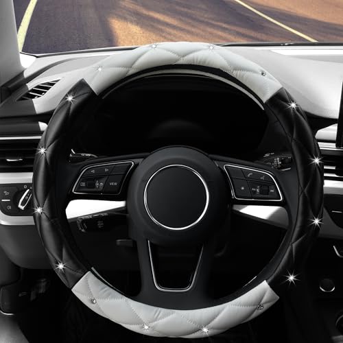 YOGURTCK Cute Diamond Soft Leather Anti-Slip Steering Wheel Cover with Bling Bling Crystal Rhinestones, Universal 15 Inch for Women Girls, Fit Vehicles, Sedans, SUVs, Vans, Trucks - Black and White - Image 3