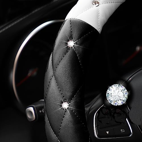 YOGURTCK Cute Diamond Soft Leather Anti-Slip Steering Wheel Cover with Bling Bling Crystal Rhinestones, Universal 15 Inch for Women Girls, Fit Vehicles, Sedans, SUVs, Vans, Trucks - Black and White - Image 4