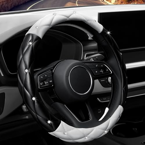 YOGURTCK Cute Diamond Soft Leather Anti-Slip Steering Wheel Cover with Bling Bling Crystal Rhinestones, Universal 15 Inch for Women Girls, Fit Vehicles, Sedans, SUVs, Vans, Trucks - Black and White - Image 2