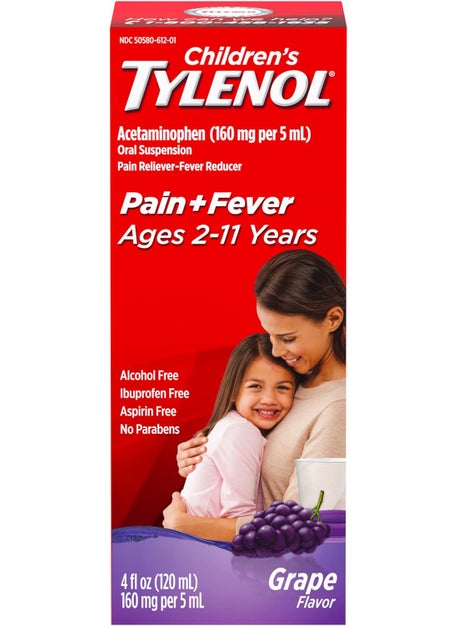 TYLENOL Tylenol Children's Liquid Oral Suspension Medicine, Acetaminophen Pain Reliever & Fever Reducer for Cold + Flu Symptoms & Sore Throat, Aspirin-, Ibuprofen- & Alcohol- Free, Grape, 4 fl. oz 