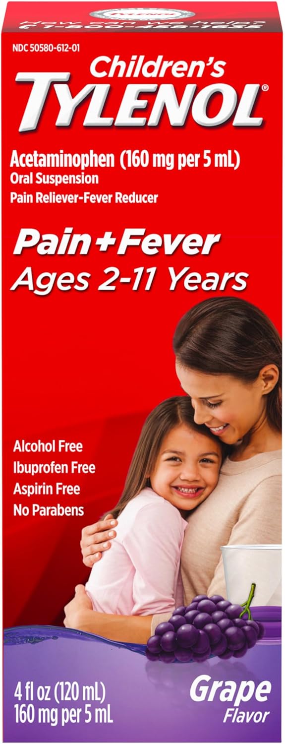 Tylenol Children's Liquid Oral Suspension Medicine, Acetaminophen Pain Reliever & Fever Reducer for Cold + Flu Symptoms & Sore Throat, Aspirin-, Ibuprofen- & Alcohol- Free, Grape, 4 fl. oz