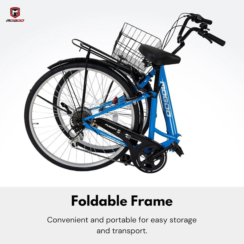 MOGOO FUSION Adult Folding Bike 26 inch Wheels 6 Speed Shimano City Bike for Men Women with Steel Basket, Caliper Brakes, Foldable Durable Steel Frame, Dynamo Headlight, Adjustable Seat - Image 5
