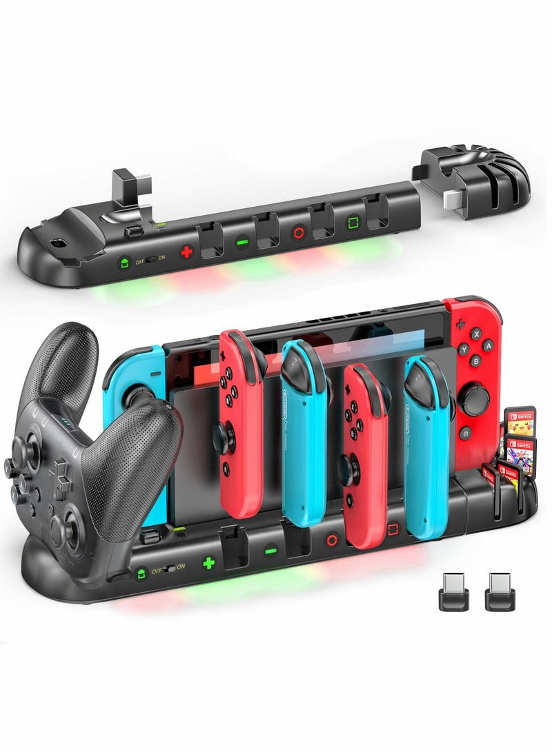 SYOSI Controller Charger for Switch Original and for OLED Model, Charging Dock Station for Switch Joy-con and for Pro Controller, Charger Dock Stand with 4 Charging Slots and Detachable 8 Game Slots - Image 1