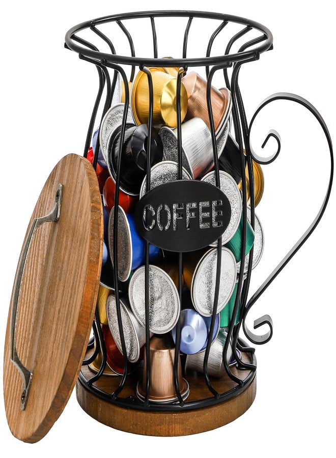 حامل كبسولات قهوة ريفي من WRINGKIT مع غطاء، حامل كبسولات K Cup للطاولة، سلة تخزين كبيرة السعة لمرشحات كبسولات القهوة المصنوعة من الأسلاك السوداء لكبسولات الإسبريسو، قاعدة خشبية - Image 1