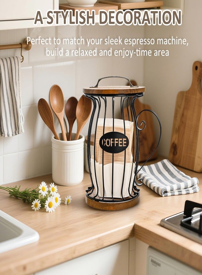 حامل كبسولات قهوة ريفي من WRINGKIT مع غطاء، حامل كبسولات K Cup للطاولة، سلة تخزين كبيرة السعة لمرشحات كبسولات القهوة المصنوعة من الأسلاك السوداء لكبسولات الإسبريسو، قاعدة خشبية - Image 5