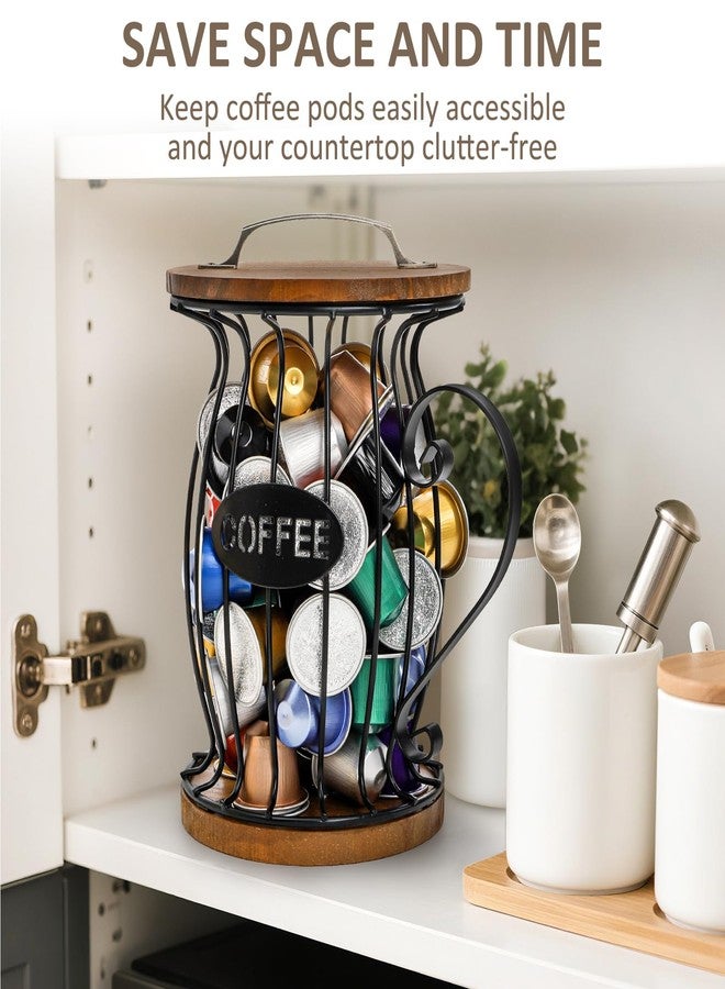 حامل كبسولات قهوة ريفي من WRINGKIT مع غطاء، حامل كبسولات K Cup للطاولة، سلة تخزين كبيرة السعة لمرشحات كبسولات القهوة المصنوعة من الأسلاك السوداء لكبسولات الإسبريسو، قاعدة خشبية - Image 4