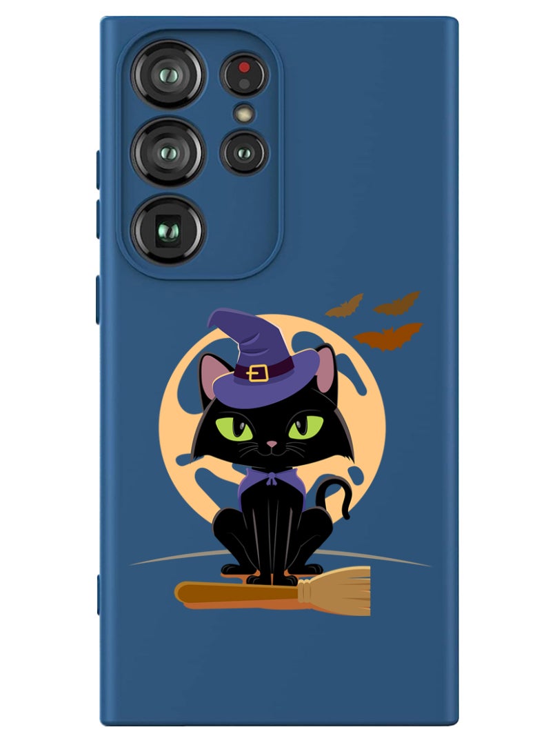 Theodor Protective Slim Fit Case Liquid Silicone Cover with Full Body Protection Anti-Scratch Shockproof Case For Samsung Galaxy S24 Ultra (Blue) - Cat Halloween with broom - Image 1