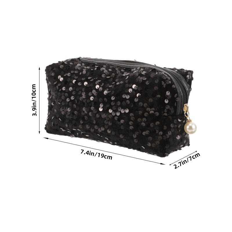 Large Capacity Black Sequin Makeup Bag Square Travel Cosmetic Organizer with Zipper - Image 3