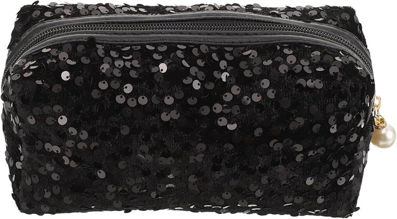 Large Capacity Black Sequin Makeup Bag Square Travel Cosmetic Organizer with Zipper - Image 1
